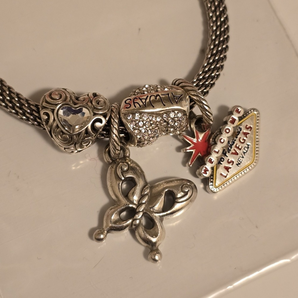 Brighton Beverly Glam Mesh Silver Charm Bracelet Hearts Butterfly Las Vegas 7.25 - Picture 7 of 16